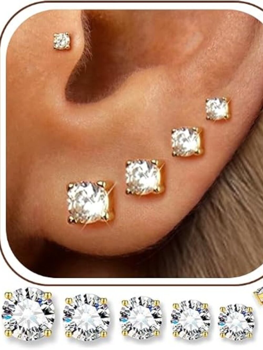 5 Pairs 14K Gold Plated Stud Earrings for Women, CZ Multiple Piercing Set